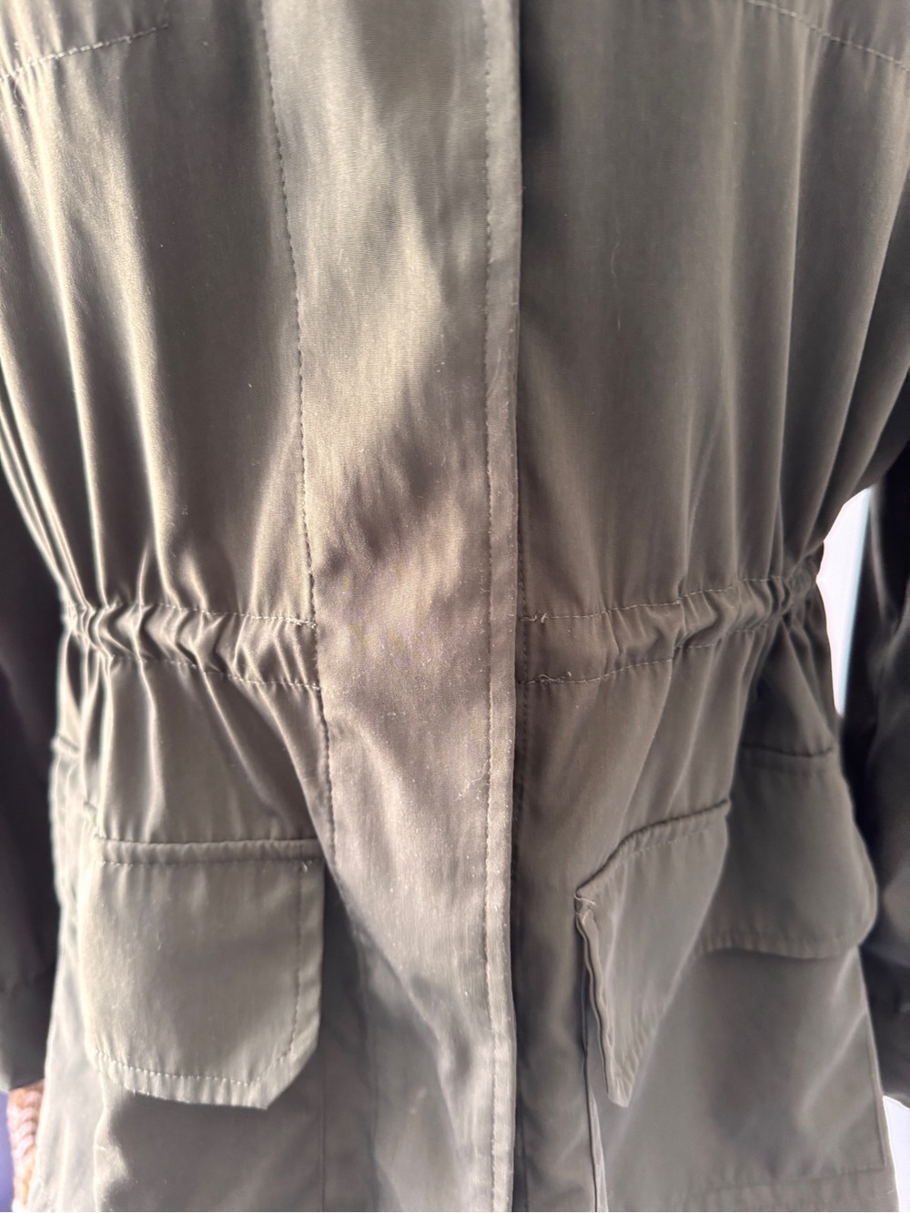 Chico’s olive green army style, draw string waist jacket. Chicos Size 0 (4) - Picture 3 of 13